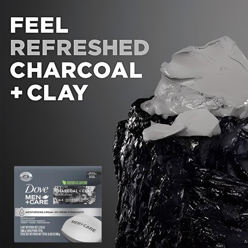 Dove Men + Care Bar Soap Charcoal Clay, 12 Count, 3 in 1 Body Face and Hand Exfoliating, Purifying Bar Soaps for Men, Plant Based with Essential Oils, Moisturizes Dry Skin, Clean Scent, 3.75 oz. Each