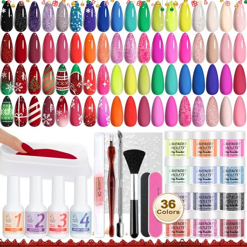 Lavender Violets 48 Pcs Dip Powder Nail Kit Starter, 36 Colors Pink Red Yellow Green Blue with Dip Powder Liquid Set and Essential Manicure Tools for Nail Art Designs B950
