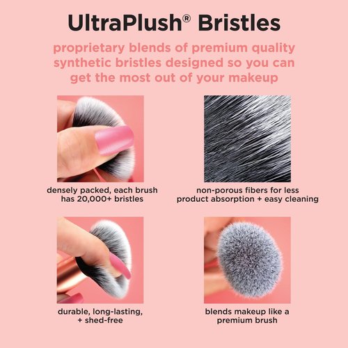 Real Techniques Blend + Jet Set Travel Makeup Brush & Sponge Set, 4 Piece Mini Holiday Gift Set for Foundation, Blush & Setting Powder, Compact & Travel Friendly, Cruelty-Free & Vegan