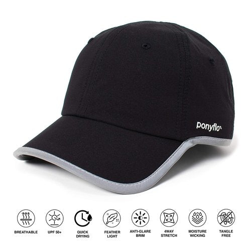 Ponyflo Performance Ponytail Running Hat Patented - Women's High Ponytail Hats - Baseball Cap Performance Ponytail Running Hat - Ponytail Hats for Women - Baseball Cap Women - Black