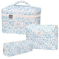 PGAXM 3PCS Makeup Bag,Quilted Cosmetic Bag,Large Floral Makeup Bag for Women,Cute Cotton Cosmetic Bag Set,Travel Toiletry Bag For Women(White blue)