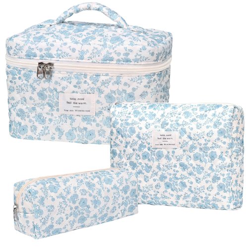 PGAXM 3PCS Makeup Bag,Quilted Cosmetic Bag,Large Floral Makeup Bag for Women,Cute Cotton Cosmetic Bag Set,Travel Toiletry Bag For Women(White blue)