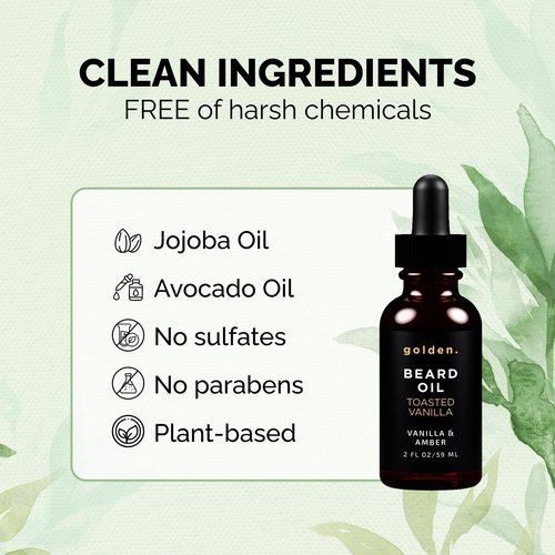 Golden Grooming Beard Oil for Men | Natural Growth Kit with Castor Oil, Jojoba Oil, and Olive Oil | Tames, Moisturizes & Styles | Toasted Vanilla Scent | 2oz