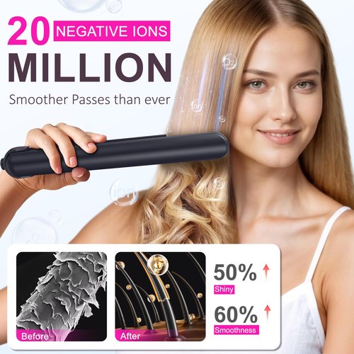2-in-1 Cordless Flat Iron Hair Straightener & Curlerr, Rechargeable Cordless Hair Straightener with 9600mAh Battery LCD Display Negative Ion Tech 6 Adjustable Temps Heat-up in Seconds for Home Blue