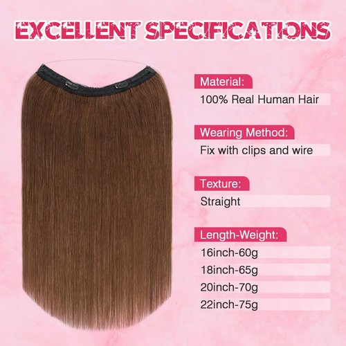 Halo Hair Extensions Real Human Hair, MY-LADY Adjustable Halo Extensions Real Human Hair, 12 inch Medium Brown Women's Long Straight Hair Invisible Wire Hair Extensions