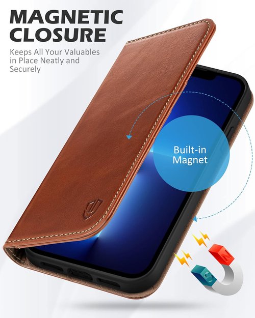 SHIELDON iPhone 13 Pro Case - Genuine Leather Folio Wallet with RFID Blocking & Kickstand - Retro Brown