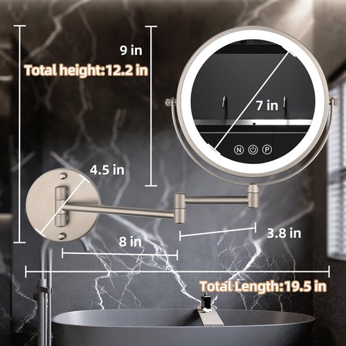 SLIMOON 9" Wall Mounted Lighted Makeup Mirror with Magnification, 1X/10X Magnifying Mirror with Light, 3 Color LED 2000mAh Rechargeable Light Up Magnifying Nickel Extendable