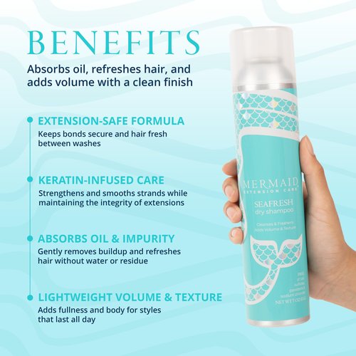 Mermaid Extension Care Seafresh Dry Shampoo with Keratin, Oil-Absorbing Spray, Talc-Free Mist Adds Volume and Texture, Fresh Scent, 6.7 fl oz