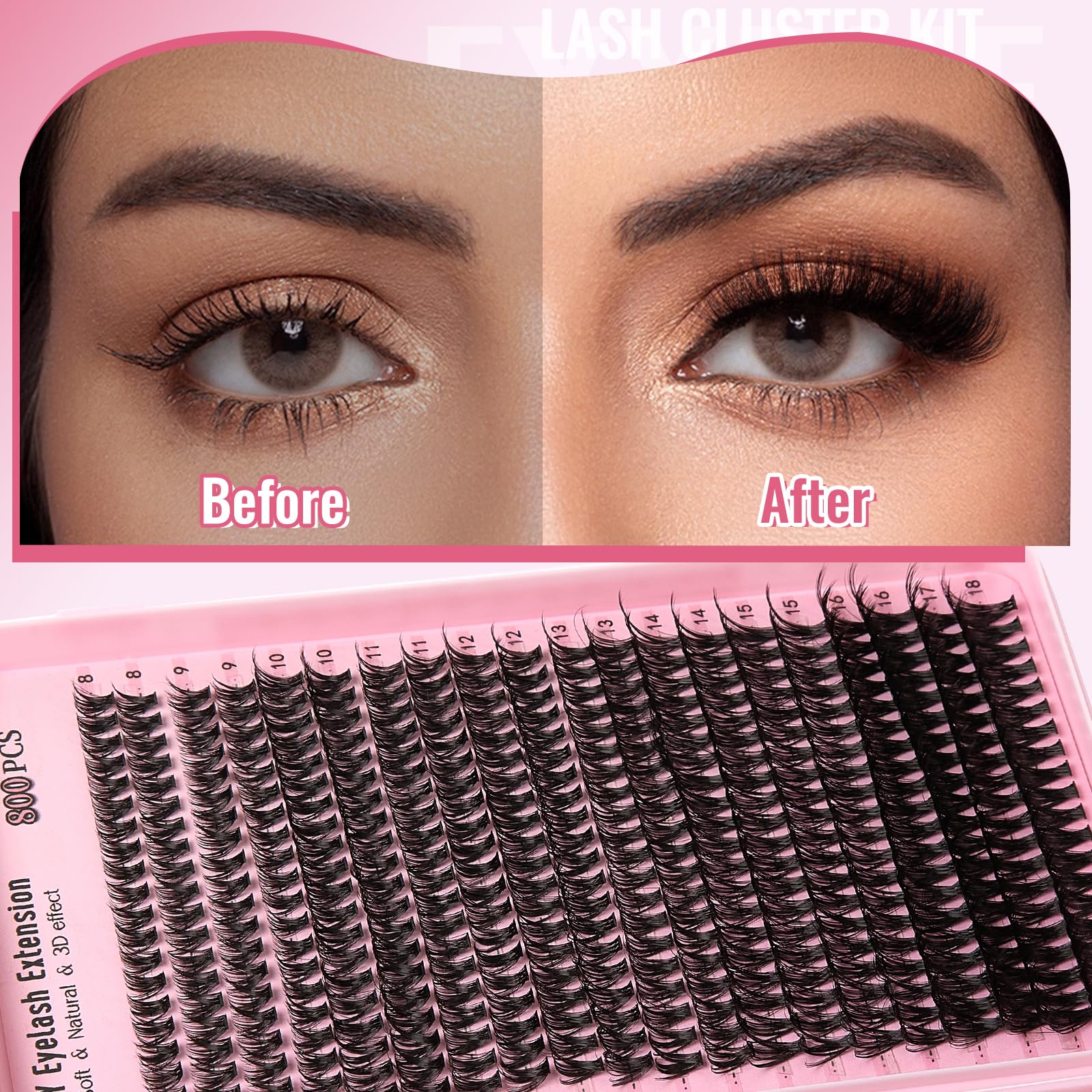 Wispy Lash Clusters Kit 800pcs Lash Extension Kit DIY Eyelash Clusters 30D&40D&50D Lashes Clusters 8-18mm With Lash Bond and Seal, Lash Tweezers, Lash Remover，Lash Brush