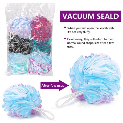 6 Pack Bath Loofah Sponge, 100g/pc XXL Large Mesh Pouf Shower Sponge Exfoliating Body Scrubber Shower Scrunchies