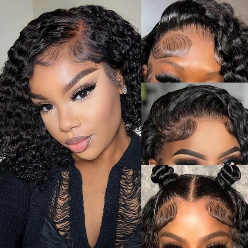 Bob Wig Human Hair 200 Density 13x4 Water Wave Lace Front Wigs Human Hair HD Transparent Lace Frontal Wigs Wet and Wavy Deep Wave Curly Short Bob Wig 12 inch