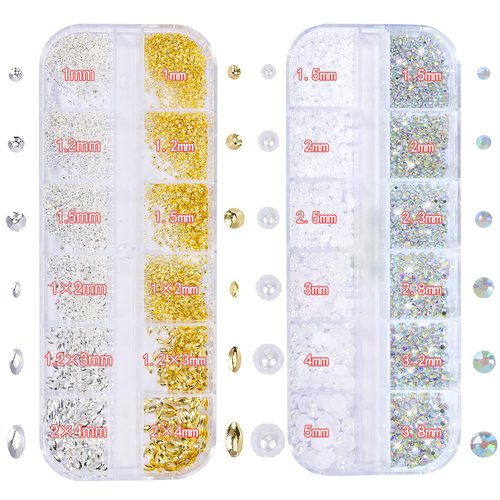DZHILHMX Nail Charms - Metal Silver & Gold Beads, Flatback Half Round Rhinestones, Small Nail Pearls, 3D Mixed Sizes Decorations for Nails Kits