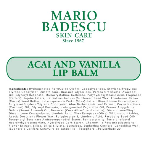 Mario Badescu Moisturizing Acai and Vanilla Lip Balm for Dry Cracked Lips, Infused with Coconut Oil and Shea Butter, Ultra-Nourishing Lip Care Moisturizer for Soft, Smooth and Supple Lips, 0.35 Oz