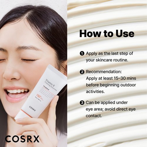 COSRX Vitamin E Vitalizing Face Sunscreen SPF 50, 1.69 fl oz, SPF Moisturizer, Lightweight under Makeup, Travel Essentials, Summer Essentials, Korean Skin Care, Korean Sunscreen for Face