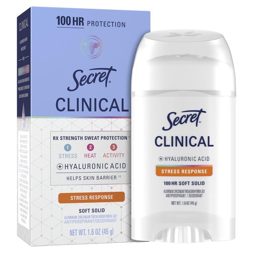 Secret Clinical Strength Antiperspirant Deodorant for Women, Stress Response, 100hr Sweat & Odor Protection, 3X Stress Protection with Hyaluronic Acid, PH Balancing Minerals, Soft Solid, 1.6 oz