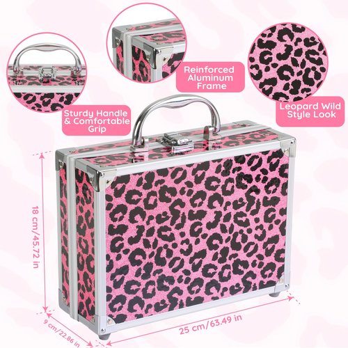 Anpro All-In-One Leopord Double Folding Makeup Kit with Case, Pro Teen Makeup Set, Full Starter Kit with Makeup Brushes, Lipsticks, Eyeshadow Palette, Blushes, Glitter Gel, Ideal Present for Girls