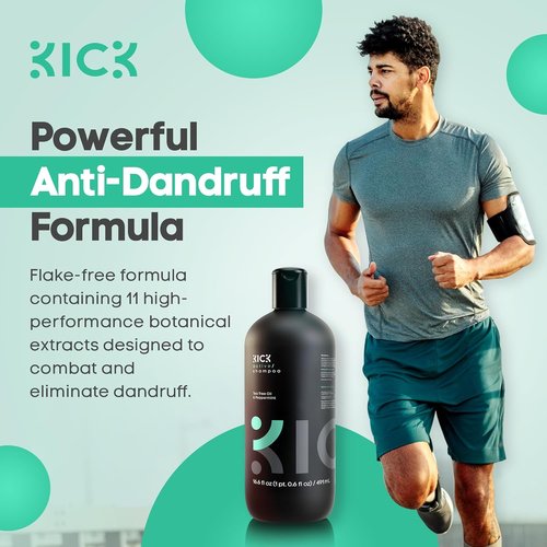 Kick Mens Shampoo - Peppermint & Tea Tree Oil Control - Sulfate-Free, Refreshing Formula - 16.6oz