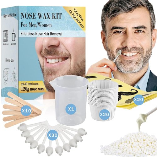 Keethem 120g Nose Wax Kit with 30 White Applicators, 20 Mustache Guards, 20pcs Paper Cups, Painless Nose Hair Removal for At Least 20 Times Usage, Nose Hair Waxing Kit for Men and Women