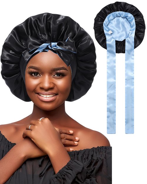 Satin Hair Bonnets for Women Curly Hair Wrap Reversible Bonnet with Tie Band Night Cap Double Layer Sleep Cap in Black + Blue