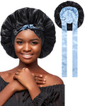 Satin Hair Bonnets for Women Curly Hair Wrap Reversible Bonnet with Tie Band Night Cap Double Layer Sleep Cap in Black + Blue