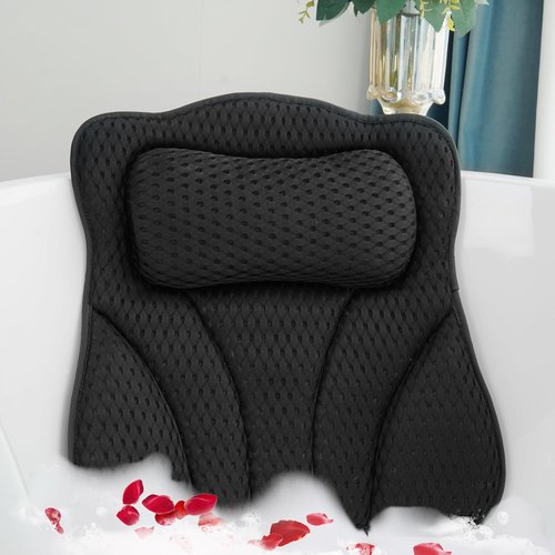 Joeyset Bath Pillows for Tub Head Neck Back Support, Bathtub Pillow 4D Breathable Air Mesh, Spa Relaxing Gifts for Women, Luxury Bathing Accessories with 6 Suction Cups and Hook(Black)