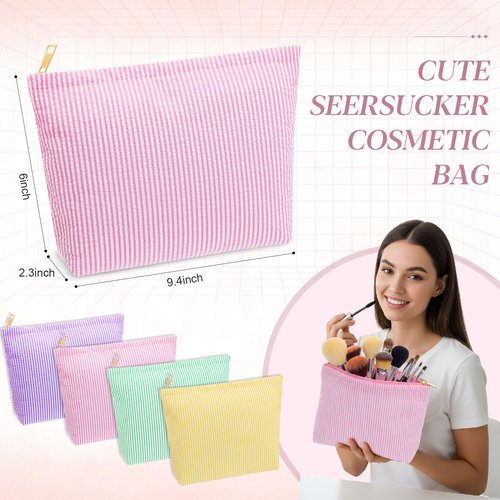 Sanwuta 4 Pcs Seersucker Makeup Bag for Women Stripe Cosmetic Bag Travel Toiletry Organizer Preppy Storage Pouch Valentines Galentines Gifts for Wedding Bridesmaid Mom(Pink, Green, Yellow, Purple)