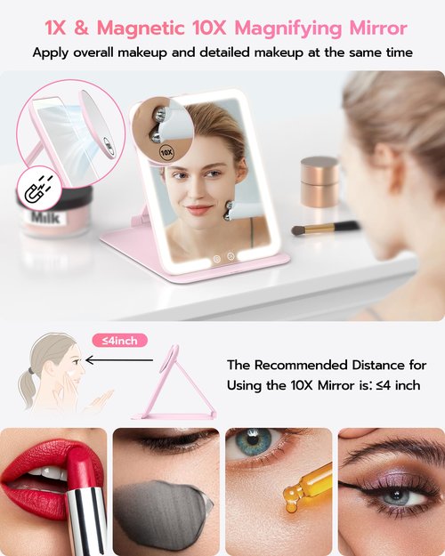 Anfauny Lighted Travel Makeup Mirror with Magnetic 10X Magnification, Vanity Portable and Foldable with Adjustable Stand, Rechargeable 3 Color Lights for Desk and Tabletop -Pink