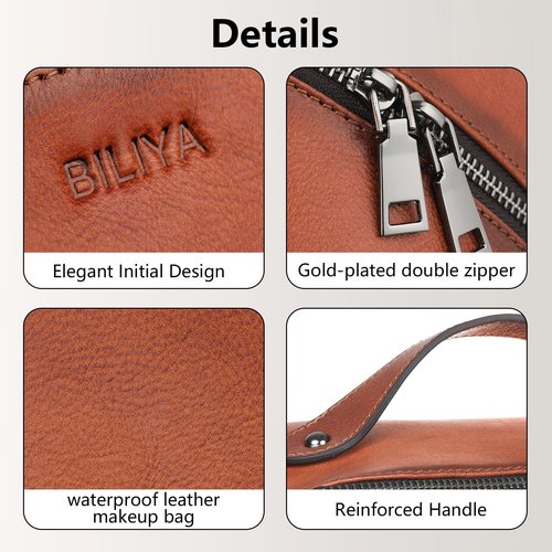 BILIYA Hand Rubbed Genuine Leather Makeup Bag Vintage Brown Cowhide Cosmetic Case with Handle Handmade Travel Organizer for Women