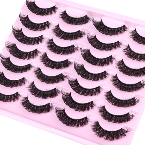 False Eyelashes Volume Russian Strip Lashes D-Curly Fake Eyelashes Extension Wispy Cat Eye Lashes Handmade Soft Reusable 14 Pairs Lashes Pack