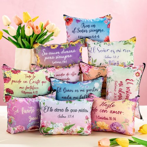 Kacctyen Spanish Christian Cosmetic Bags Bulk Mother's Day Church Gifts Spanish Christian Gifts for Women Bible Verse Pencil Pouch Makeup Bag Regalos Religiosos Para Mujer(12 Pcs,Classic Style)