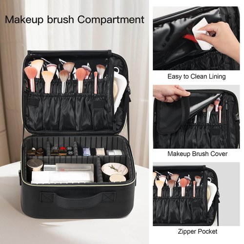 Makeup Travel Case, 12 Inch Makeup Organizer Bag with Compartment and Dividers, Portable Cosmetic Bag for Women with Brush Storage Sturdy Dual Zip Closure, Waterproof, Durable, Gift for Her, Black