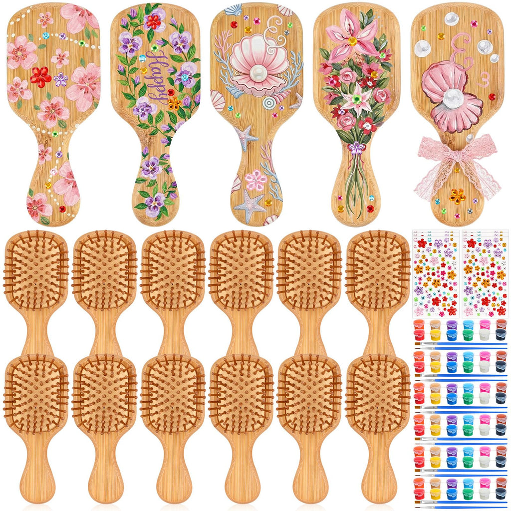 Weysat 18 Set DIY Wooden Hairbrush Painting Kits Paint Your Own Hair Brush with Paint Brush Sticker Mini Travel Detangling Hairbrush for Wedding Bridal Showers Girlfriends Night Gifts(Classic)