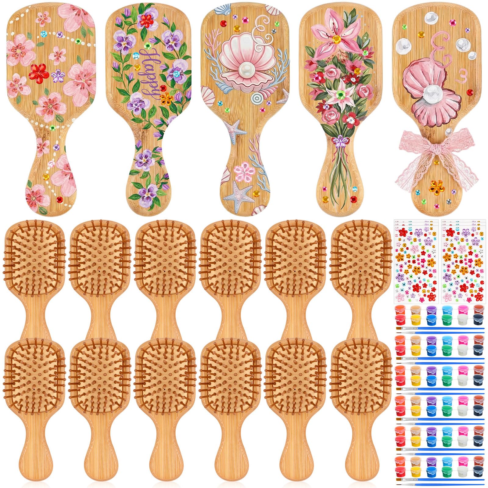 Weysat 18 Set DIY Wooden Hairbrush Painting Kits Paint Your Own Hair Brush with Paint Brush Sticker Mini Travel Detangling Hairbrush for Wedding Bridal Showers Girlfriends Night Gifts(Classic)