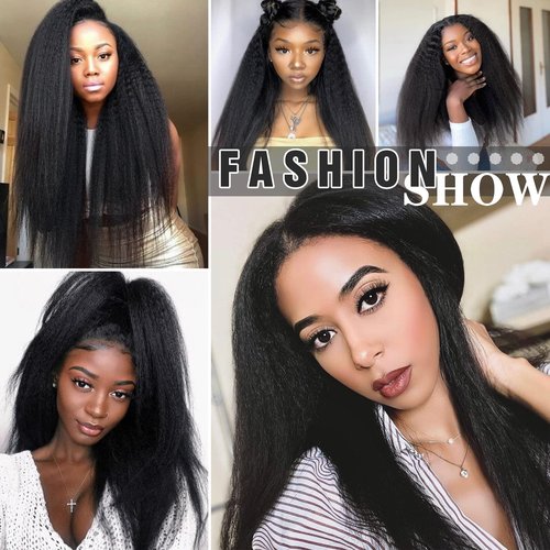 HANNE Kinky Straight Bundles with Lace Closure Yaki Long Straight Hair Bundle for Black Women Heat Resistant 3 Bundles with Closure Hair Extensions (18 20 22 Black)