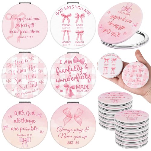 12 Pcs Pink Bow Coquette Mini Compact Mirrors Inspirational Christian Gifts Bulk for Women Portable Round Bible Verse Pocket Makeup Mirror Religious Gifts for Women Office School Church Party Favor