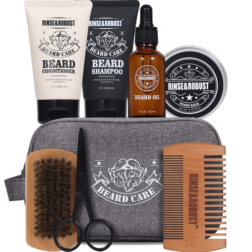 Rinse & Robust Beard Kit for Men, Christmas Gifts for Him, Beard Care & Grooming Travel Set, Beard Oil & Balm Gift Set with Toiletry Bag, Holiday Stocking Stuffers for Dad Husband Boyfriend