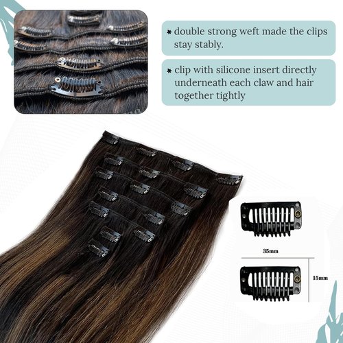Clip in Hair Extensions, Omber Black to Chestnut Brown and Black 15inch 70g 7pcs Clip in Hair Extensions Real Human Hair Straight Remy Hair Clip in Hair Extensions