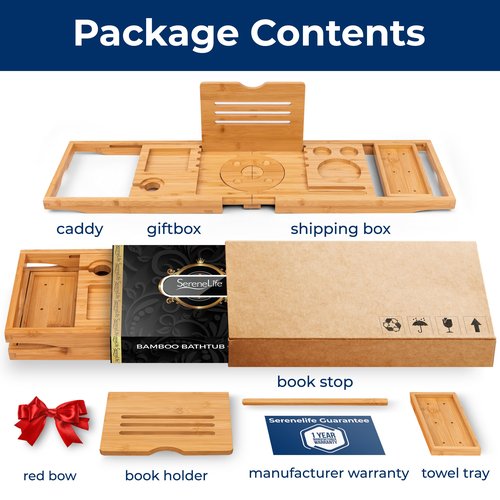 SereneLife Premium Foldable Bathtub Tray with Gift Box and Bow Set, Expandable Bath Tray, Unique House Warming Gifts, for Mom, Women, New Home, Wedding, Anniversary, Bridal Shower, Fit for All Tub