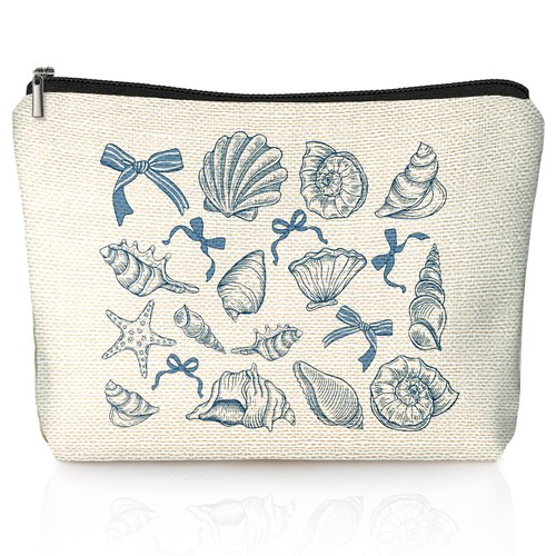 LIANGW Beach Makeup Bag & Travel Pouches for Toiletries, Beach Themed Gifts, Blue Seashell Cosmetic Bags for Women, Preppy Zipper Makeup Pouch for Women Ocean Sea Shells Makeup Bag Summer Stuff