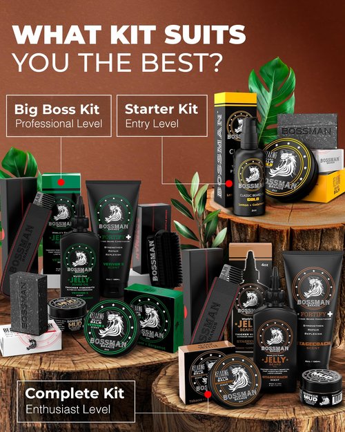 Bossman Big Boss Beard Care Kit for Men - 7 Piece Beard Grooming Kit with Jelly Beard Oil, Beard Conditioner, Beard Balm, MUDstache Wax, Bar Soap, Metal Comb, Brush - Gift Set for Men (Magic)