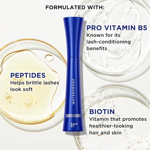 IT Cosmetics Superhero Waterproof Mascara - 24HR Volumizing Formula with Biotin & Peptides - Super Black, 0.3 fl oz