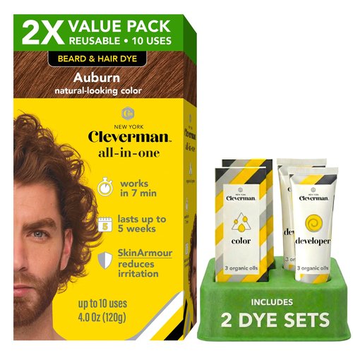 2X Reusable Hair & Beard Dye for Men – Auburn | Up to 10 Uses, 7 Minutes | Natural Gray Coverage, No-Drip Cream with SkinArmour® – Cleverman