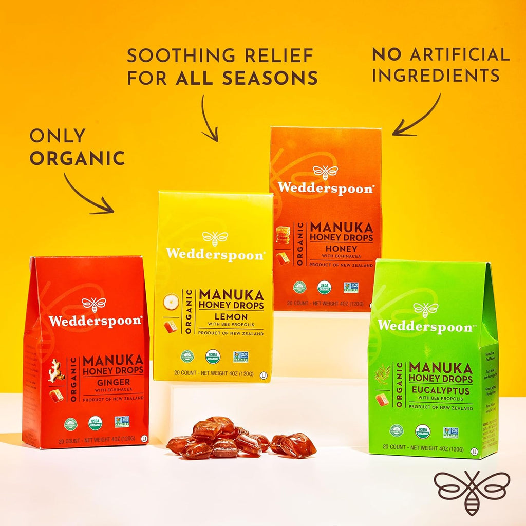 Wedderspoon Organic Manuka Honey Drops - Eucalyptus & Bee Propolis, 20 Count (4oz) | Soothing Remedy for Dry Throats - Pack of 2