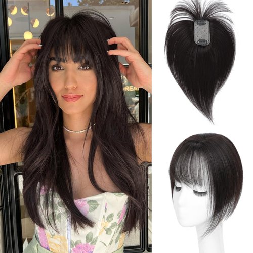 DinkyTims Hair Toppers for Women Real Human Hair - 360° Coverage Deep Brown Black Clip In Topper with Bangs for Thinning Hair Upgraded 5×9 cm Silk Base Ideal for Everyday Use