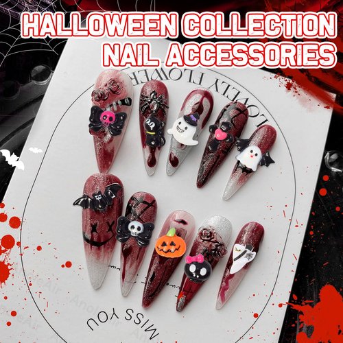 Halloween Resin Charms, 3D Vintage Punk Spider Skull Pumpkin Ghost Bat Nail Art Charms, Halloween Gothic Mini Figurines Charm for Nail Art Supplies DIY Crafts Accessories