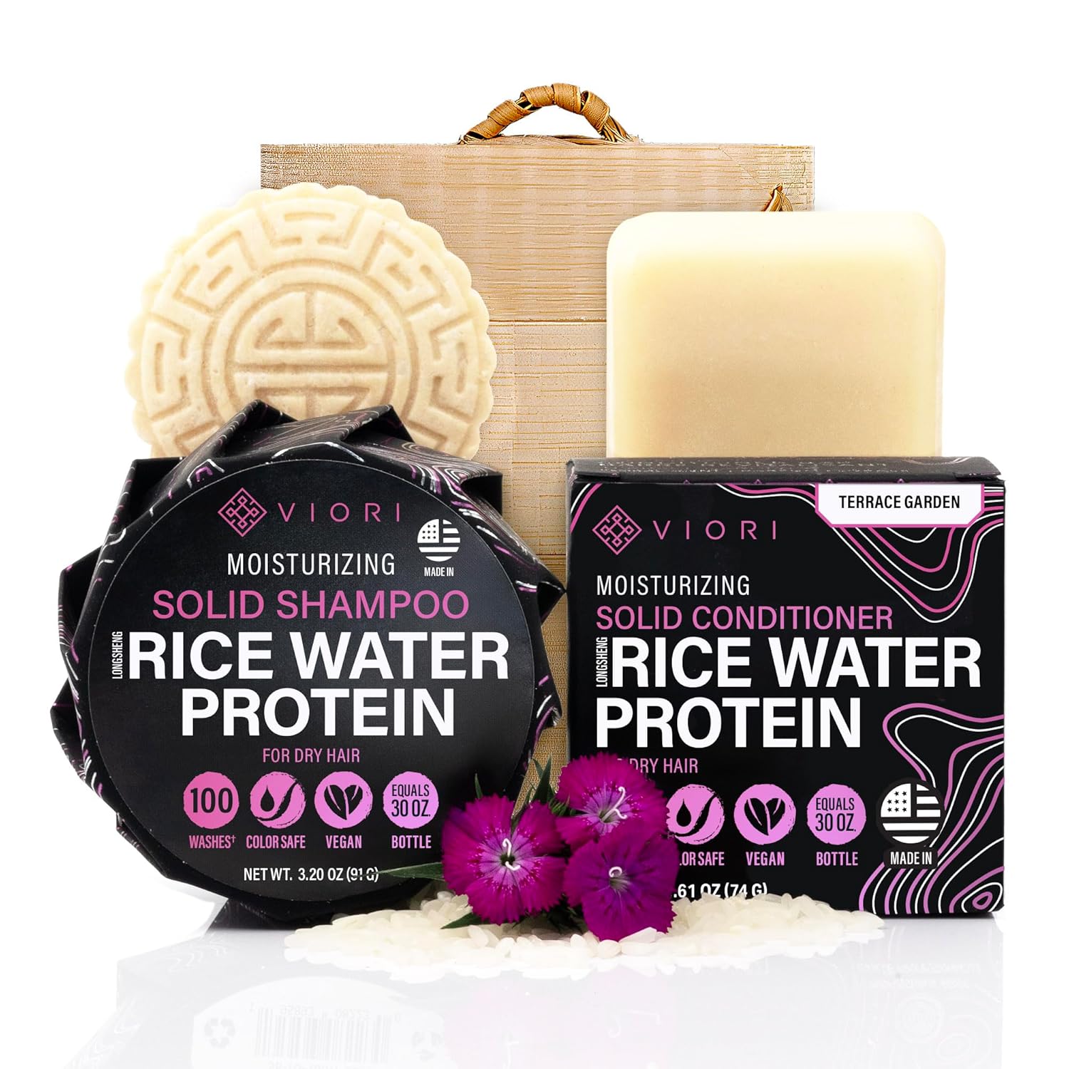 Viori Terrace Garden Shampoo & Conditioner Bar Set | Handcrafted Rice Water Formula for Hair Growth - Eco-Friendly Bamboo Holder