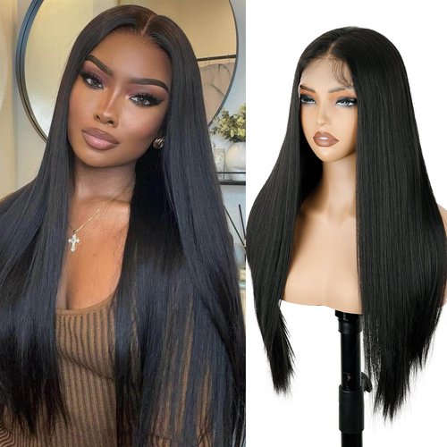 Kurope 13x4 Synthetic Lace Front Wig for Women Black Long Straight Lace Wig Pre-Plucked with Baby Hair 26inch Lace Wigs for Beginner Friendly