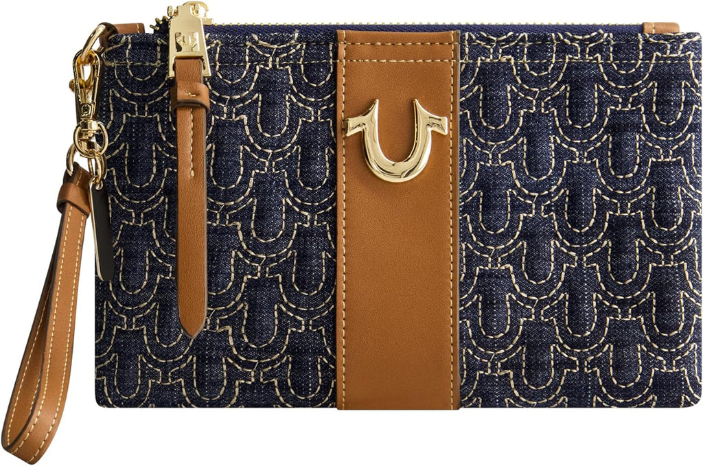 True Religion Mini Wallet - Compact Quilted Clutch Pouch with Wrist Strap | Dark Denim, One Size