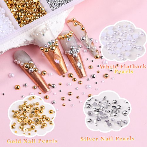 8000Pcs 3D Nail Charms and Nail Gems, Mixed Shapes and Colors Nail Charms Gold Silver Cross Star Caviar Beads Pearls Pink White Flowers Bows Charms with Tweezers for Nail Art Design Junk Case