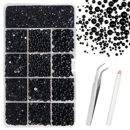 TOAOB 13000pcs Black Flat Back Pearl Beads Half Round Imitation Pearls 2mm to 10mm Assorted Sizes Plastic Gem Pearls for Crafts Nails Phone Shoes Making DIY Crafting Accessory